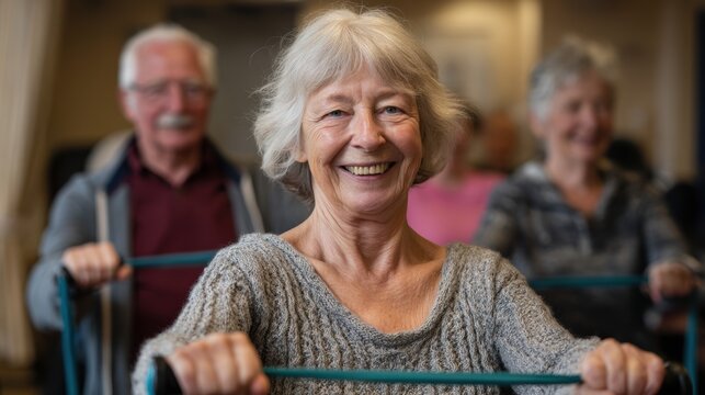 Engaging senior fitness class community center health workshop indoor positive energy promoting active lifestyle