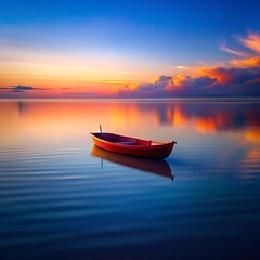 Naklejka premium A red rowboat floats on calm water at sunset