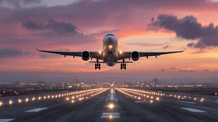 Fototapeta premium Commercial jetliner landing on a runway at dusk.