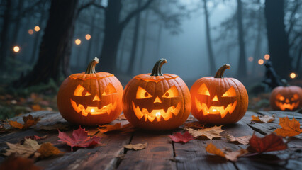 Fototapeta premium A warm Halloween scene featuring three intricately carved pumpkins with glowing orange lights illuminating their mischievous faces. Halloween Costumes, Halloween Background, Happy Halloween