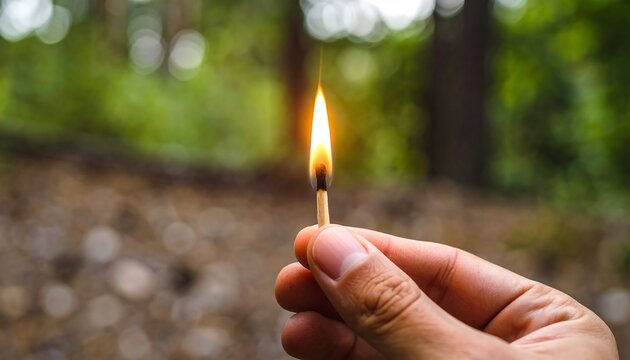 Burning match in nature symbolizes fragility of life and potential hazard