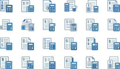 Financial Management and Accounting Icons Set Featuring Budgeting, Invoicing, Tax Calculation, Expense Tracking, Digital Payments, Cloud Finance, Cost Reduction, Investment Reports, and Secure Transac
