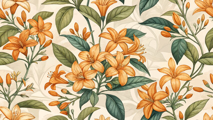 High detailed seamless floral illustration of Orange Jessamine flowers. Designed for printing on fabric or wallpaper.