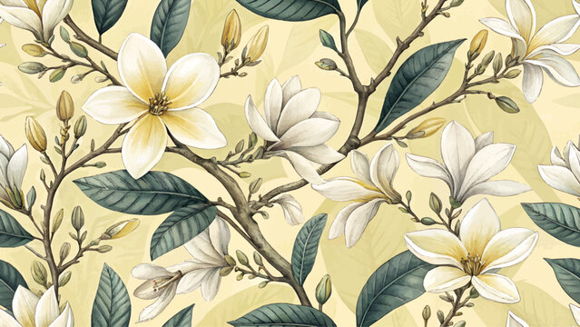 High detailed seamless floral illustration of Michelia champaca flowers on pastel yellow background. Designed for printing on fabric or wallpaper.