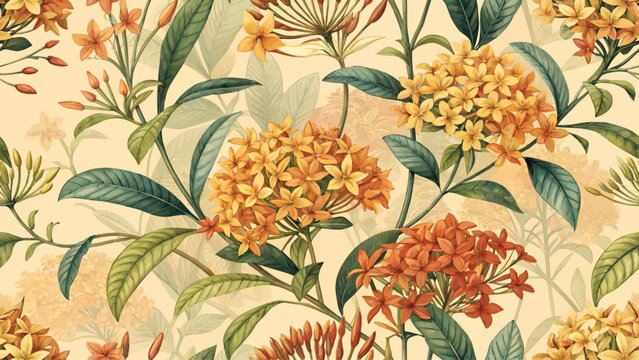 High detailed seamless floral illustration style of orange and yellow Ixora flowers. Pastel orange background. Designed for print on fabric or wallpaper.
