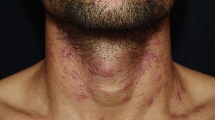 Naklejka premium Dermatological perspective of widespread pustular eruption on neck and shoulder area emphasizing severity and acute onset of pustular lesions.