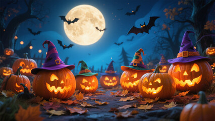 Fototapeta premium A whimsical Halloween scene featuring a group of jack-o'-lanterns with glowing orange lights, each wearing colorful witch hats. Halloween Costumes, Halloween Background, Happy Halloween