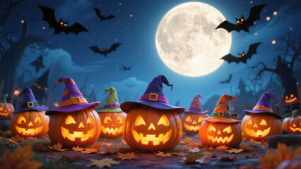 Fototapeta premium A whimsical Halloween scene featuring a group of jack-o'-lanterns with glowing orange lights, each wearing colorful witch hats. Halloween Costumes, Halloween Background, Happy Halloween