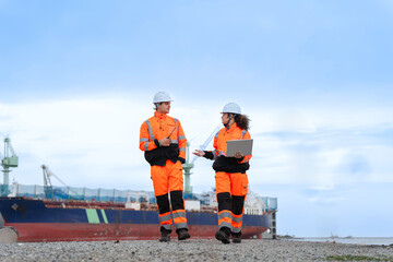 Maritime Engineers Discussing Shipyard Operations, Port Workers in Safety Gear with Laptop and Walkie-Talkie, Industrial Team Collaborating at a Ship Construction Site