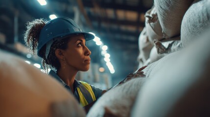 Warehouse worker evaluating cargo industrial facility portrait indoor upward perspective supply chain management