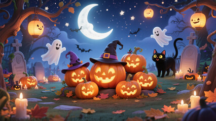 A whimsical Halloween scene filled with playful characters and festive elements. Halloween Costumes, Halloween Background, Happy Halloween