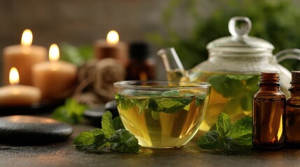 Refreshing herbal tea preparation cozy kitchen food photography relaxing atmosphere close-up wellness concept