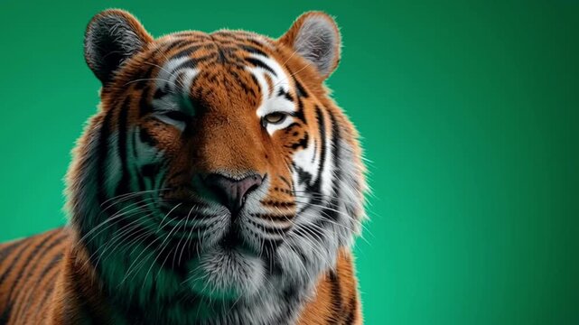 Close up of a tiger with its eyes closed against a vibrant green background studio shot view green screen animal video