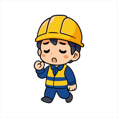 Cute tired construction worker boy walking sadly vector cartoon character