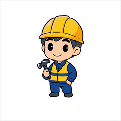 Cute cartoon builder character in hard hat holding a hammer vector