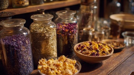 Herbal apothecary display cozy workshop photography rustic environment close-up natural remedies