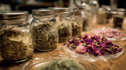 Herbal ingredient showcase artisan market photography rustic setting close-up view nature's bounty in glass jars