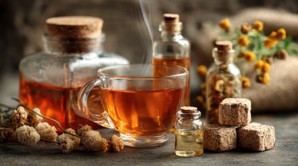 Brewed herbal tea preparation cozy kitchen food photography warm environment close-up wellness concept