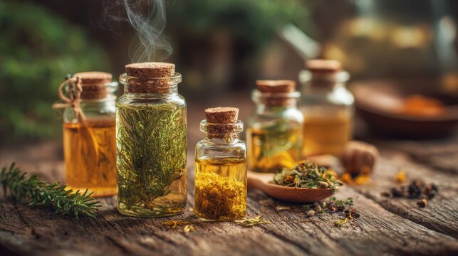 Herbal oils infusion workshop cozy forest setting photography natural light close-up aroma therapy exploration