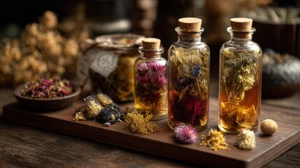 Crafting herbal infusions natural remedies home apothecary still life cozy workshop close-up wellness focus