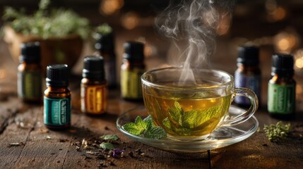 Brewing herbal tea with essential oils cozy kitchen photography warm environment close-up view relaxation concept