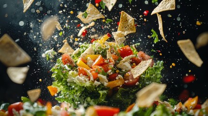 Vibrant salad with flying tortilla chips and seasonings.