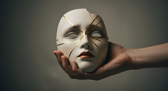 Emotional Healing Background Featuring Porcelain Mask with Golden Repair Line Held in Hand Symbolizing Kintsugi Concept - Powered by Adobe