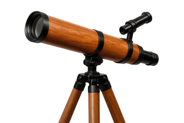 Vintage wooden telescope on a tripod, isolated on transparent background, ready for stargazing and exploration