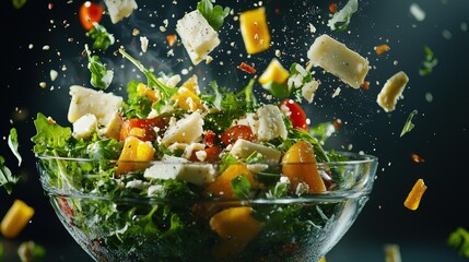 Fresh salad ingredients exploding in a glass bowl.