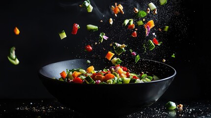 Colorful vegetables are tossed into a bowl of salad.