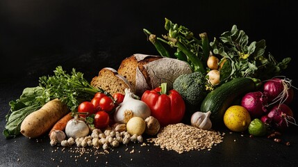 Assorted fresh produce and grains arranged on a dark surface.