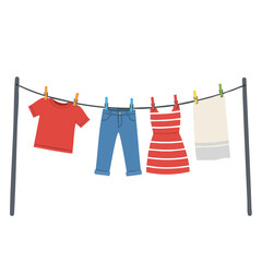Vector illustration of clothesline with pegs flat style on white background, laundry drying concept