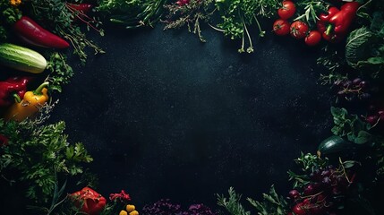 Colorful vegetables and herbs arranged in a frame on a dark surface.