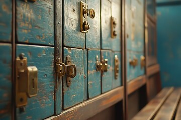 Obraz premium Close-up of school lockers with brass locks, set against blue walls in the background. The focus is on one bench, with several other benches blurred out.