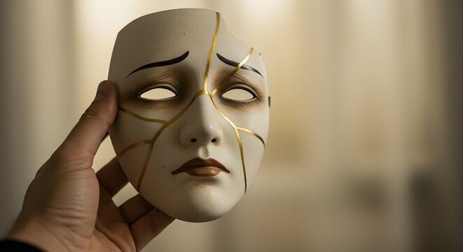 Conceptual Porcelain Mask Background with Gold Repair Line Held Gently to Represent Emotional Recovery and Strength