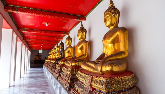 Gold Buddha statues in a temple hallway