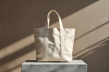 Cream canvas totebag with premium texture, styled on stone, wood, and navy backgrounds, product photography for minimalist lifestyle branding