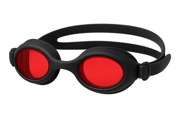 Black swimming goggles with bold red lenses, precision-rendered in 3d, floating against clean transparent backdrop