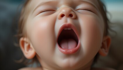 Close-up of baby yawning with smooth skin and warm tones