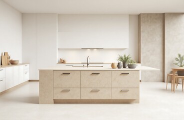 Almond beige stone-textured kitchen island in clean compact interior, diffused daylight on concrete floor styling