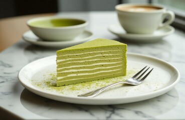 Matcha mille crepe slice with green tea cream layers on stoneware plate, elegant dessert photography for modern café branding