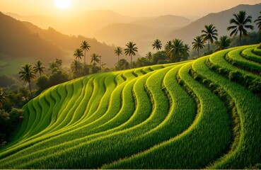 Vivid green rice terrace at golden hour, palm-fringed hillside, aerial landscape photography for tropical agriscape editorial use