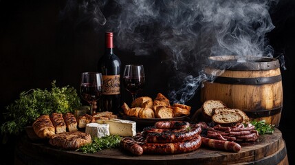 A gourmet spread of roasted sausages, cheeses, breads, and wine.