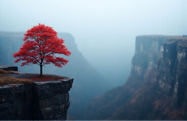 Isolated red maple tree on foggy cliff, soft misty canyon view, dramatic nature portrait for minimalist editorial visuals