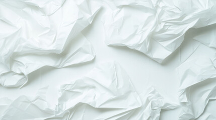 Obraz premium White background of crumpled plastic bag texture. Top view of wrinkled polyethylene plastic for abstract material use.