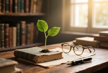 Sprout growing from vintage book beside spectacles, warm sunlight, nostalgic editorial photo for sustainable wisdom themes