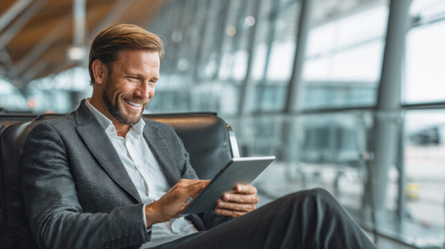 Smiling businessman, with a beard, smart casual jacket, sits comfortably in airport lounge. He is engaged with digital tablet, looking happy and relaxed, with large window, airport blurred background