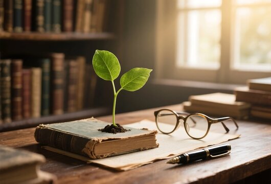 Fototapeta Sprout growing from vintage book beside spectacles, warm sunlight, nostalgic editorial photo for sustainable wisdom themes