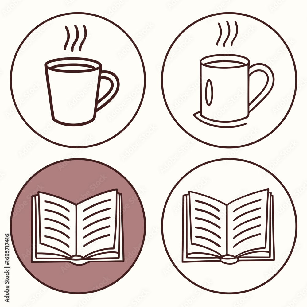 Poster four simple line drawings depict coffee cups and open books within circular frames.