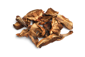 Pieces of dried mushrooms isolated on white, top view